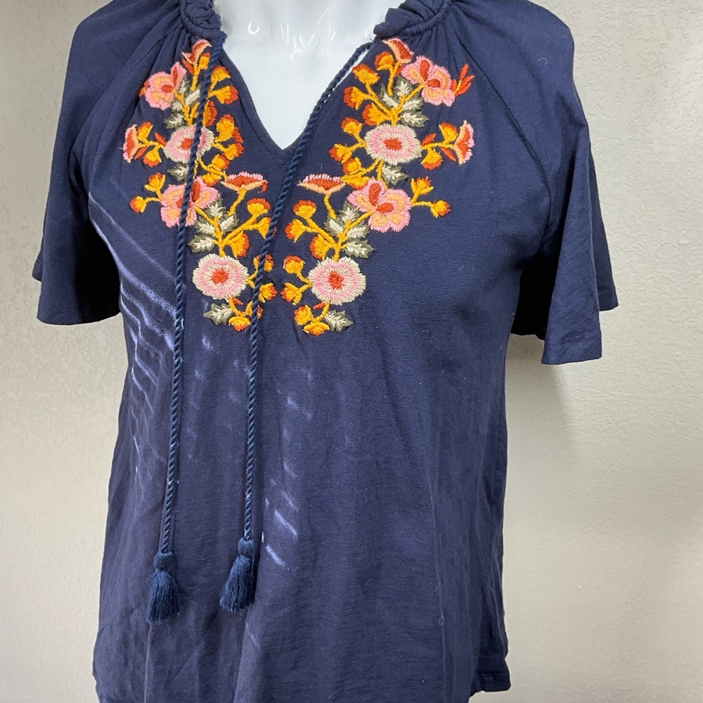 Navy Blue Floral Embroidered Women's Top